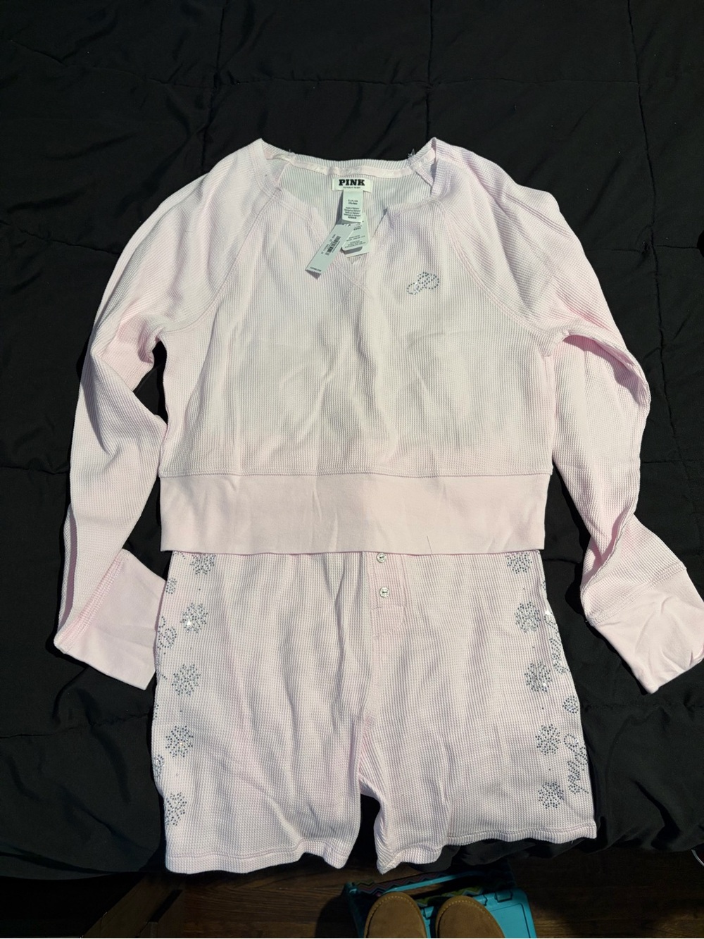 PINK Victoria's Secret Thermal Long-Sleeve Top & Snap-Front Shorts Set